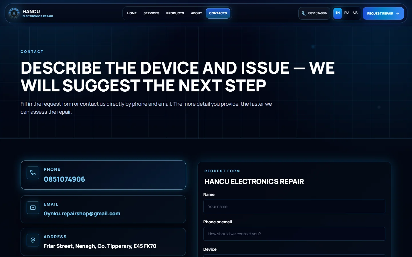 Hancu contact page screenshot