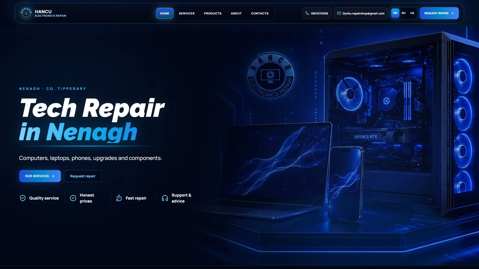 Hancu homepage desktop screenshot